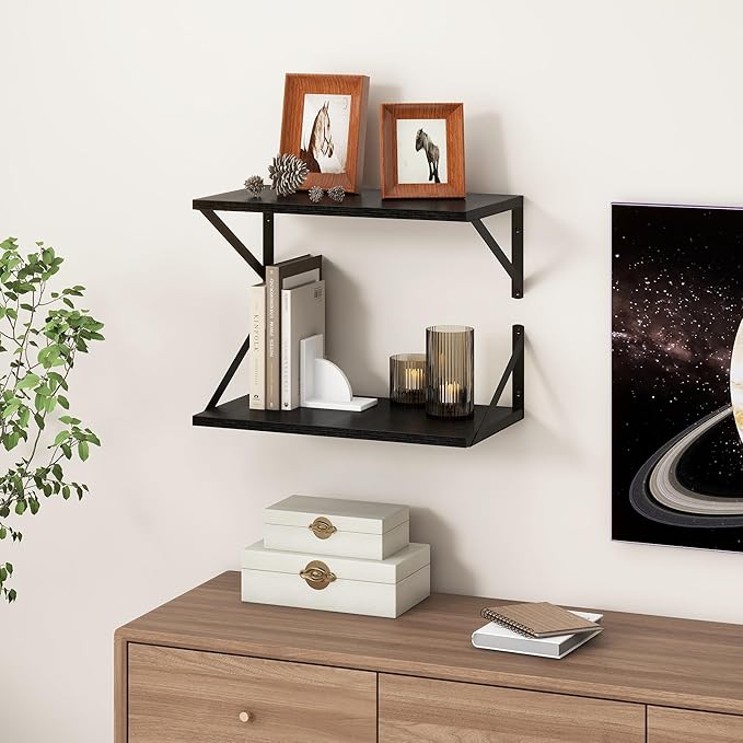 Fun Memories Black Floating Shelves 18 Inch Long, Rustic Floating Shelf with Brackets, 10 Inch Deep Wall Shelves, Black Bathroom Shelves, 18 x 10 Storage Shelf for Kitchen, Living Room, Set of 2-Ruum Studio Home