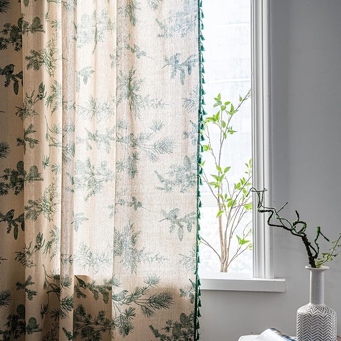 Sutuo Home Boho Curtain 96 Inches Length for Bedroom, Printed Cotton Linen Rod Pocket Semi Blackout Farmhouse Bohemian Tassels Window Treatment for Living Room, 1 Panel 59" W x 96" L, Green Forest-Ruum Studio Home