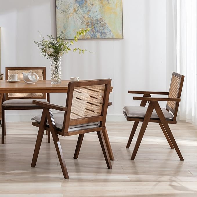 Rattan Dining Chairs Set of 4, Farmhouse Wicker Dining Chairs with Removable Linen Cushion Accent Cane Armchair for Dining Room Kitchen Restaurant, Walnut-Ruum Studio Home