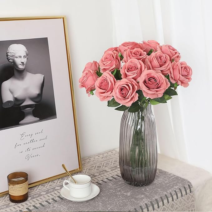 Pink Fake Roses Artificial Flowers - 10 Pcs Fake Artificial Roses Silk Flowers with Stems for Home Wedding Hotel Office Centerpiece Decor（Dusty Pink）-Ruum Studio Home