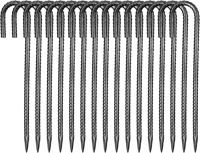 VEVOR Rebar Stakes, 16-Inch, Heavy-Duty 0.4 in Diameter J Hook, Galvanized Steel Ground Anchors with Chisel Point End & Rust-Resistant Coating, for Gardening Support, Fence, Camping Tents (16-Pack)-Ruum Studio Home