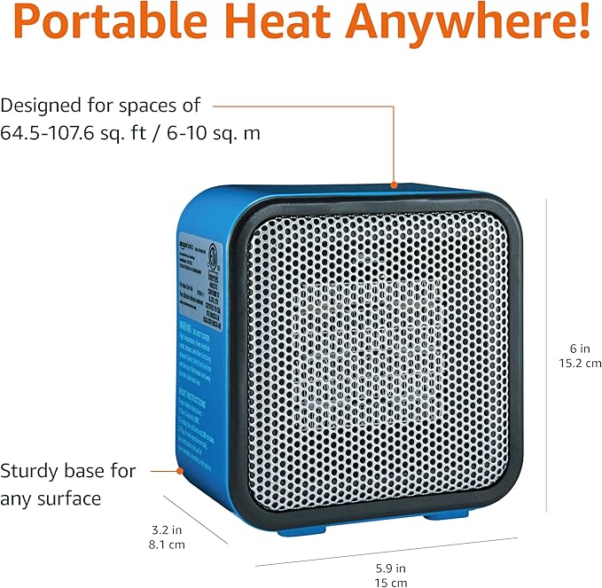 Amazon Basics Ceramic Space Heater, Mini Heater for Office Desk, Portable Tent Heater for Camping (Indoor Use), 500 W, With Tip-Over Protection, Lightweight (1.4 LBS), Blue, 5.9 x 3.2 x 6 inches-Ruum Studio Home