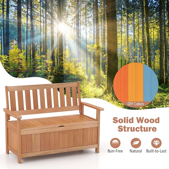 Tangkula 48 Inch Outdoor Wood Storage Bench Deck Box, Wooden Storage Loveseat with 34.2 Gal Inner Space, Entryway Bench Deck Box with Slatted Backrest, Storage Seat for Garden, Lawn, Balcony & Porch-Ruum Studio Home