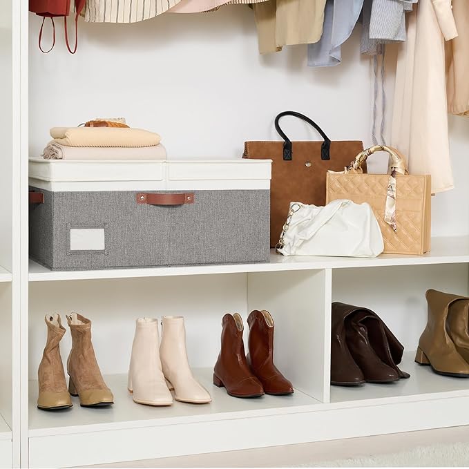 GRANNY SAYS Decorative Storage Boxes with Lid, Large Storage Bins with Double-Open Lid and Divider, Fabric Storage Bins for Clothes, Linen Storage Bins, 63L Closet Storage Bins, White&Gray-Ruum Studio Home
