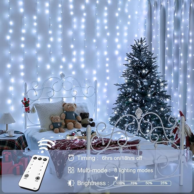 JMEXSUSS 900LED Christmas Curtain Lights, 9.5x29.5ft White Indoor/Outdoor Plug-in with Remote, Window Hanging String Lights for Bedroom, Wedding, Xmas Decoration-Ruum Studio Home