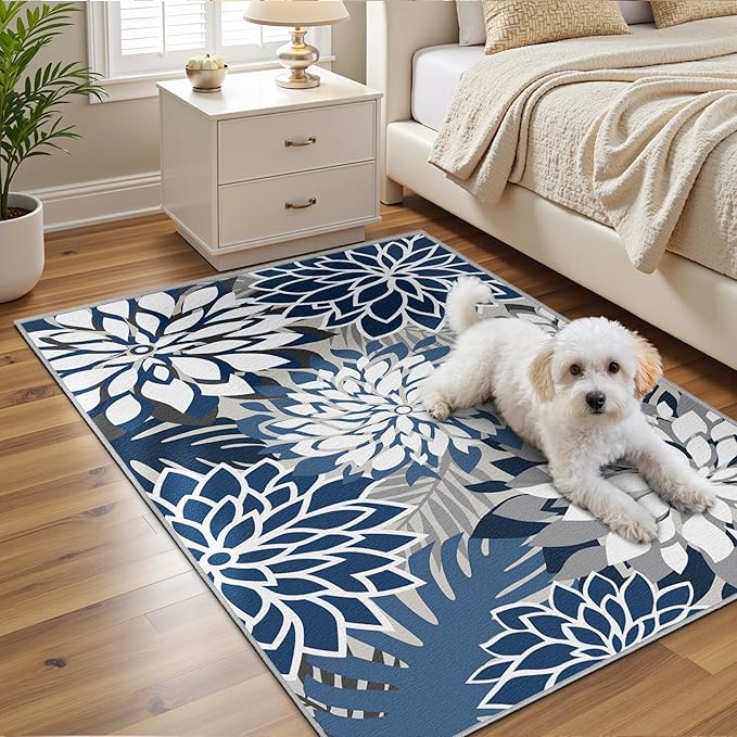 Area Rug 3x5 Blue White Washable Entry Rug Multicolored Tropical Botanical Modern Floral Indoor Kitchen Door Mat Entrance Carpet Non Slip for Bedroom Living Room, Porch-Ruum Studio Home