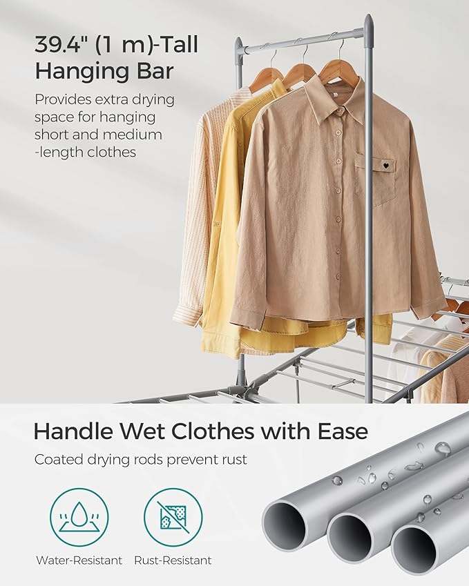 SONGMICS Clothes Drying Rack, Foldable 2-Level Laundry Drying Rack, Free-Standing Airer, 1 Additional Tall Hanging Bar, 2 Height-Adjustable Wings, 24 Drying Rails, Space Savng, Gray ULLR521G01-Ruum Studio Home
