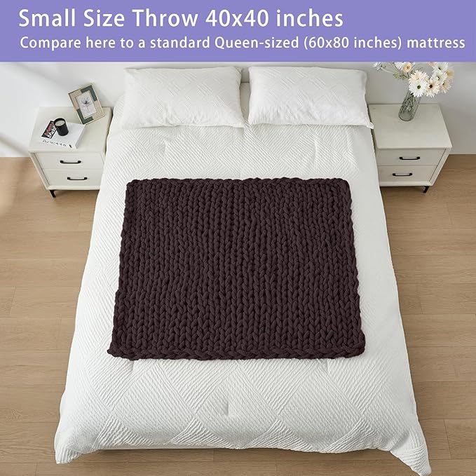 Bigacogo Chunky Knit Throw Blanket for Couch, 40x40 inches, 100% Hand Knitted with Thick Jumbo Chenille Yarn, Cozy Soft Large Rope Knot Cable Crochet Blankets for Sofa Bed Living Room, Chocolate-Ruum Studio Home