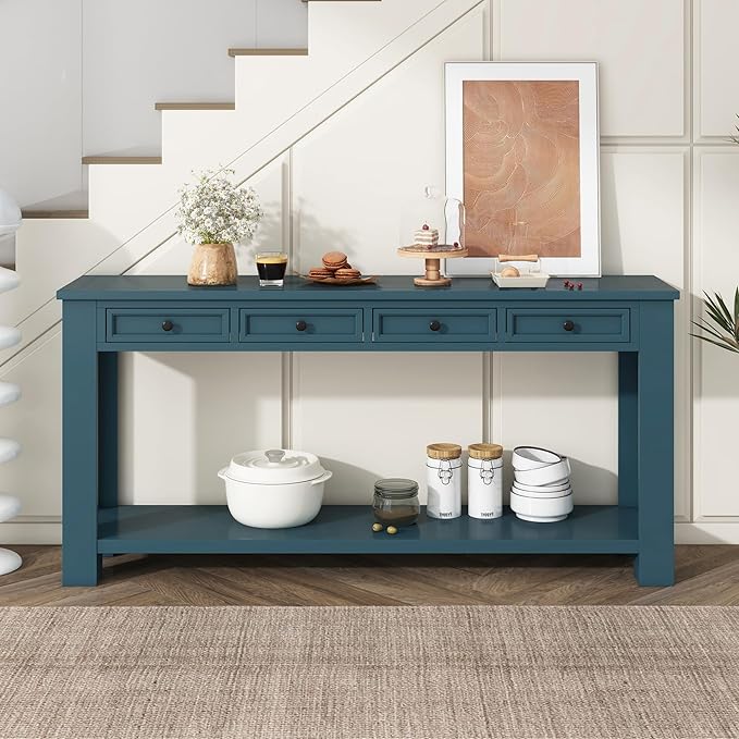 Solid Wood Console Table,63 in Long Sofa Table Entryway Table with 4 Drawers and Bottom Shelf for Hallway Living Room Couch Table,Fully Assembled (63" Dark Blue)-Ruum Studio Home