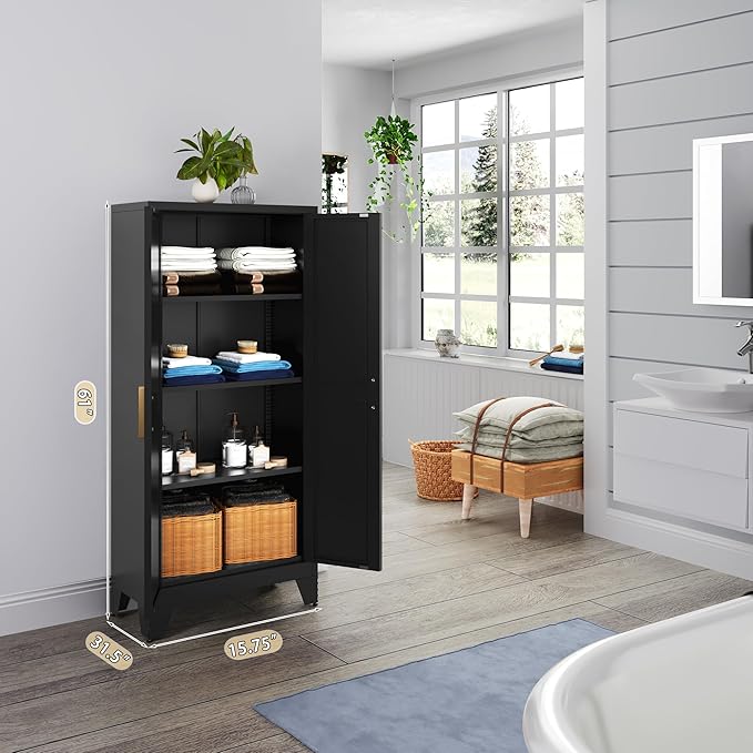 61" Tall Farmhouse Metal Pantry Cabinet, Kitchen Pantry Storage Cabinets with 2 Barn Door and Adjustable Shelves,Metal Pantry Storage Cabinet,for Kitchen,Laundry Room,Home Office,Kids Room (Black)-Ruum Studio Home