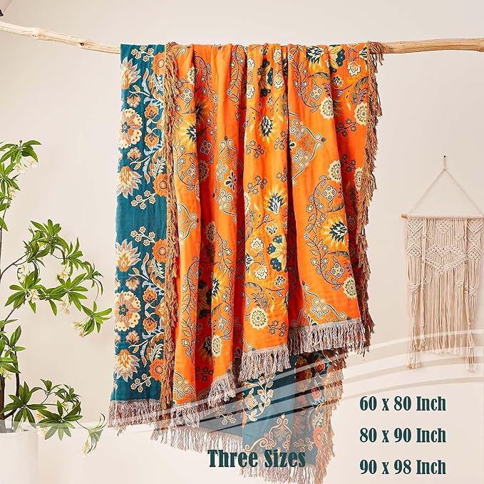 Boho Throw Blanket, 100% Cotton Ultra Soft Luxury Throw Rustic Quilt, 90"x98" Floral Printed Farmhouse Decor Bed Summer Blankets, All Season Rustic Reversible Bohemian Throw for Bed - Orange-Ruum Studio Home