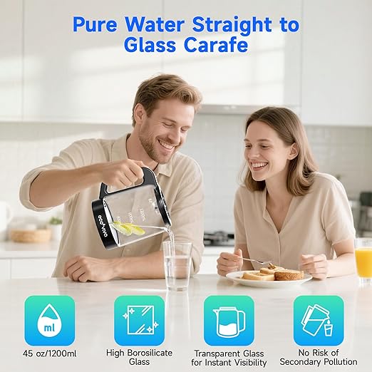 Ecoviva Countertop Reverse Osmosis Water Filter, 6 Stage RO Water Filtration System with Glass Carafe, TDS Displayr, 3:1 Pure to Drain, Portable No Installation Water Purifier White-Ruum Studio Home