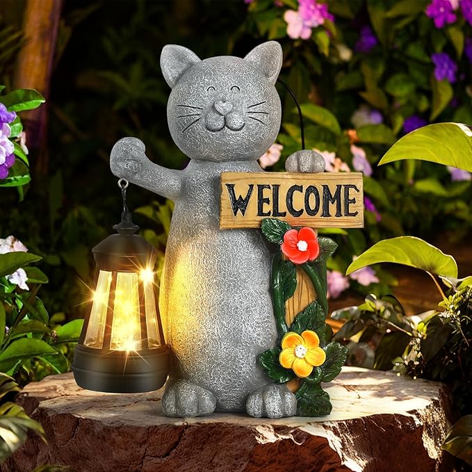 Json Garden Statue Solar Cat Figurine with Lantern, Solar Garden Decorations Statues for Patio, Balcony, Yard Ornament, Unique House Warming Gifts Figurine Lights, Gifts for Women, Mom-Ruum Studio Home