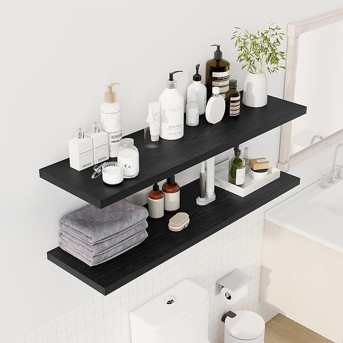 48" Floating Shelves for Wall, 12" Deep Slim Black Floating Shelves, Wall-Mounted Shelves for Bedroom, Living Room, Kitchen, Bathroom - Set of 2-Ruum Studio Home