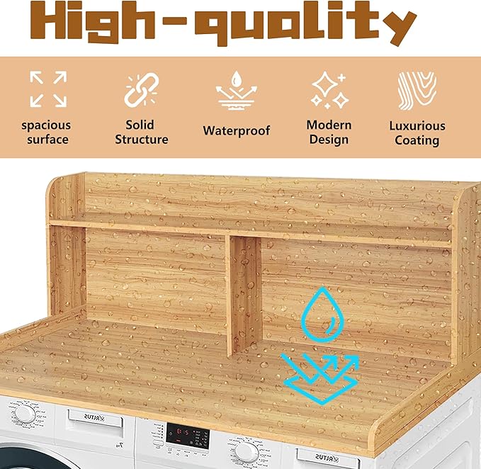 Royxen 2-Tier Washer Dryer Countertop,19.5" H Wood Washer Dryer Topper with Storage Shelf,Laundry Countertop Over Washer and Dryer, Universal Fit for Laundry Room Organization (Oak, 54" W X 27.5" D)-Ruum Studio Home