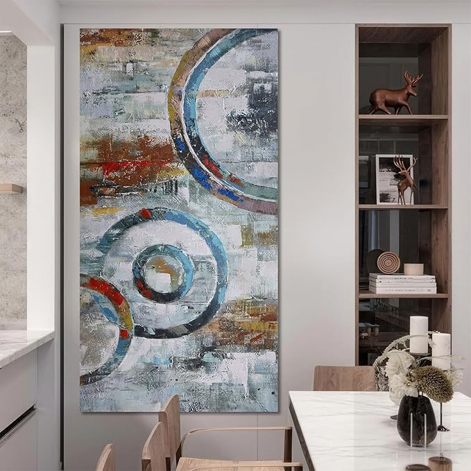 Arjun Abstract Wall Art Geometric Canvas Circle Block Painting Modern Grey Brown Picture Simple Textured Artwork Framed for Bedroom Living Room Home Office Wall Décor, Extra Large 58"x29"-Ruum Studio Home