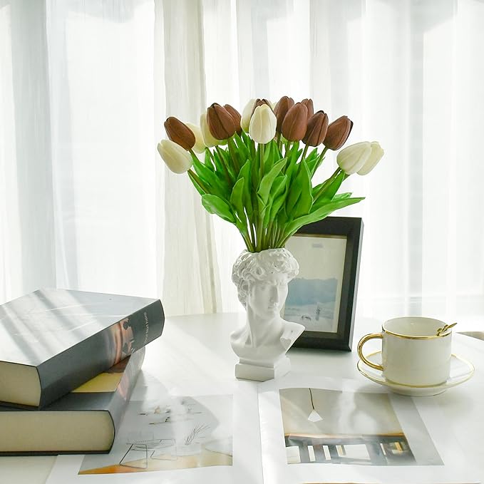 Mandy's Artificial Tulips 20 Stems White and Brown PU Faux Flowers for Wedding Home Decor 13.5 Inch-Ruum Studio Home