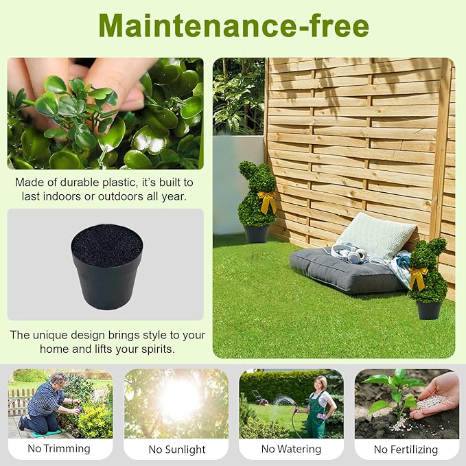 2 Pcs Artificial Bunny Shaped Topiary Trees, Artificial Green Boxwood Bunny Decorations with Gold Bow, Perfect for Indoor & Outdoor Front Porch, Easter& Garden Decor (Bunny Tree with Base)-Ruum Studio Home