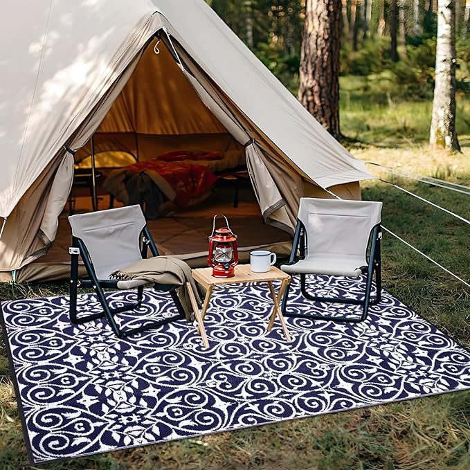 OLANLY Outdoor Rug Waterproof 9x12 ft Clearance, Reversible Outdoor Plastic Straw Rug with Floral Pattern, RV Mat for Patio, Camping, Balcony, Deck, Backyard, Navy & White-Ruum Studio Home