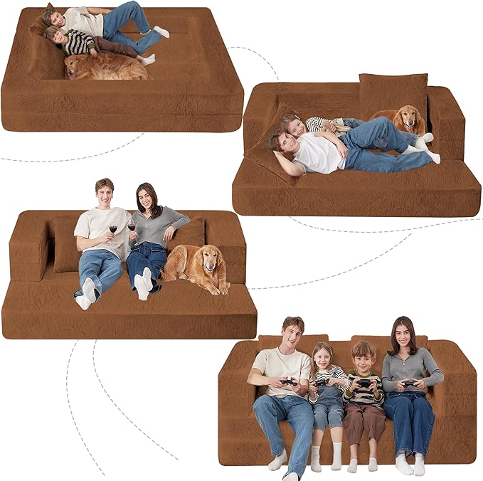 Folding Bean Bag Chair for Adults,3-in-1 Bean Bag Couch Faux Fur Floor Sofa Large Beanbag Convertible Bean Bag Sofa Bed with Pillow in Bedroom,Living Room,Apartment(Queen,Caramel)-Ruum Studio Home
