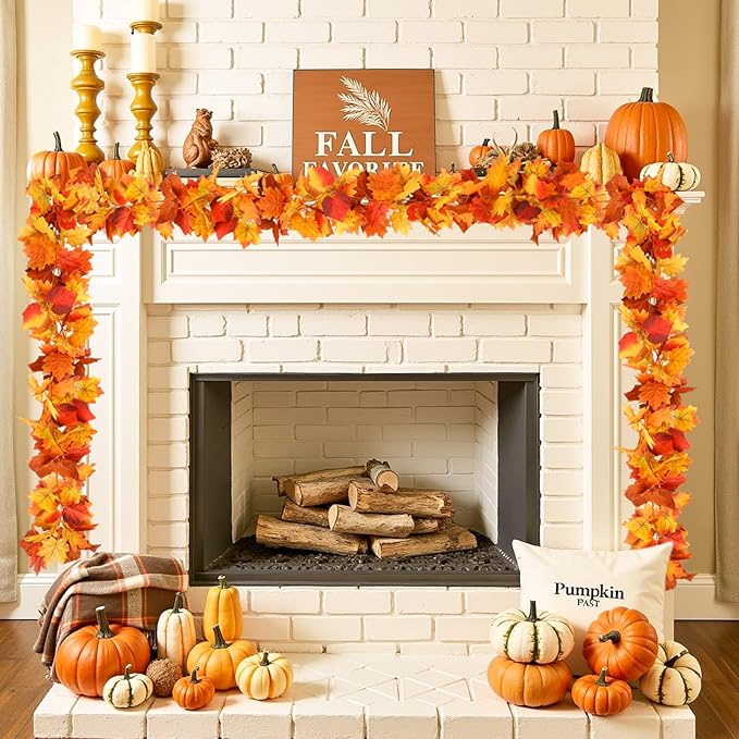 Joyhalo 2 Pack Fall Leaves Garland Indoor Outdoor Fall Decor,Hanging Maple Leaves Garland for Mantle, Door Frame,Fireplace and Thanksgiving Decor-Ruum Studio Home