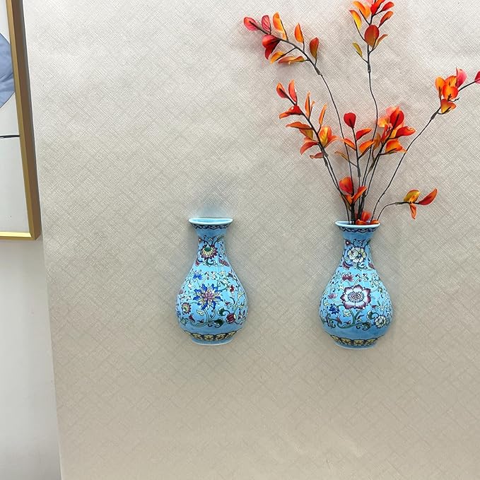 Set of Two Handmade Chinese Blue & White Porcelain Wall Mounted Vases – Chinoiserie Ceramic Flower Vase for Indoor Home Décor, Wall Hanging Vases for Living Room & Bookshelf-Ruum Studio Home
