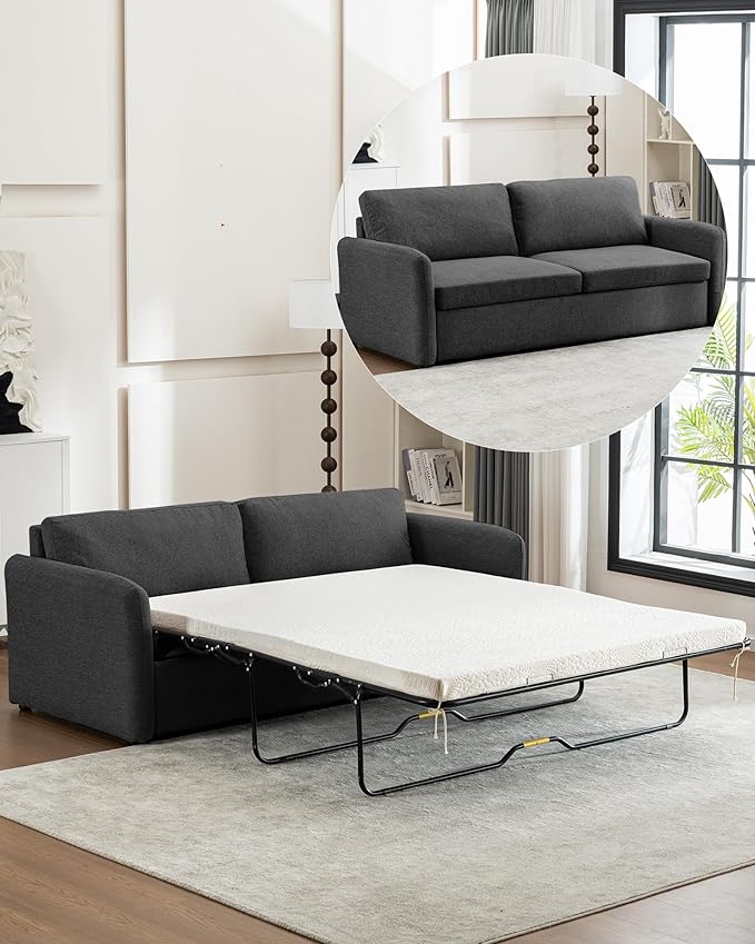 Queen Size Pull Out Sofa Bed, Convertible Sleeper Sofa Couch with Pullout Bed, 2 in 1 Sofa Bed Couch with Memory Foam Mattress for Living Room Office, Space-Saving, Dark Grey-Ruum Studio Home