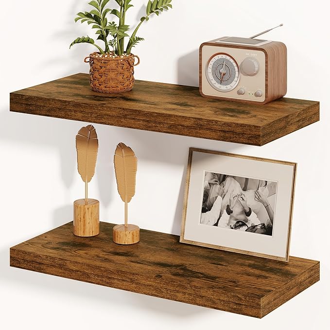 Floating Shelves, 8 Inch Deep Floating Shelves, 24"W x 8"D Wall Shelves Set of 2, Rustic Wood Floating Shelf for Home Decor, Deep Storage Shelves for Kitchen, Bedroom, Living Room, Rustic Brown-Ruum Studio Home