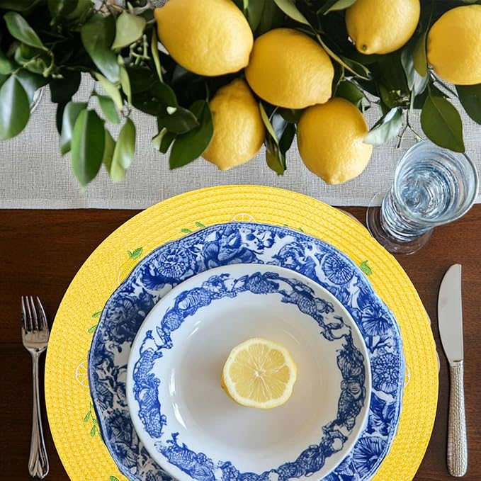 Whaline 4Pcs Round Placemats Lemon Embroidered Place Mats Summer Lemon Greenery Leaves Dinner Table Mats for Home Wedding Baby Shower Birthday Party Decor-Ruum Studio Home