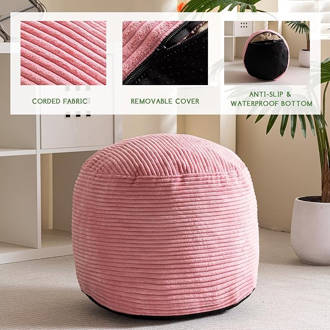 HIGOGOGO Round Stuffed Pouf Ottoman, Corduroy Poufs with Foam Chunk Filling, Furry and Fluffy Pouf Foot Stool Storage Ottoman, 20 X 15 Floor Poufs Foot Rest for Living Room, Pink-Ruum Studio Home