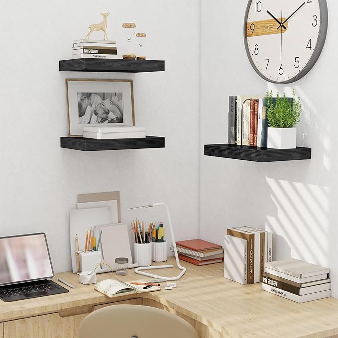 Fun Memories Black Floating Shelves for Wall - 10 x 16 Floating Shelf - Rustic Wood Storage Shelf - Wall Shelves with Invisible Bracket - 16" Bookshelves for Living Room & Bedroom - Black - Set of 2-Ruum Studio Home