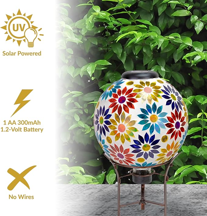 Sunnydaze 10 inch Solar Gazing Ball for Garden - Glass Outdoor Gazing Globe - Midsummer Dahlias-Ruum Studio Home