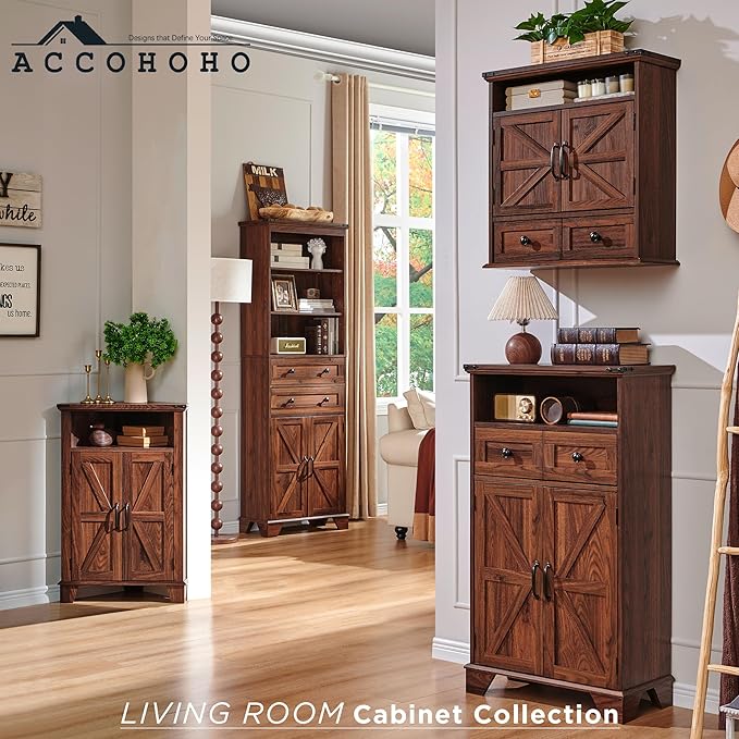 Farmhouse Bathroom Storage Cabinet, 24" Wide Floor Cabinet w/Barn Doors, Adjustable Shelf & Drawer, Cabinets for Bathroom, Kitchen, or Living Room, Brown-Ruum Studio Home