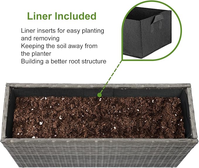 LEWIS&WAYNE Large Rectangular Block Planter Box Handmade Wicker Tall Planters for Outdoor Plants with Removable Liners Modern Planter for Indoor Outdoor Patio Deck - Gray, 30''x12''x16''-Ruum Studio Home
