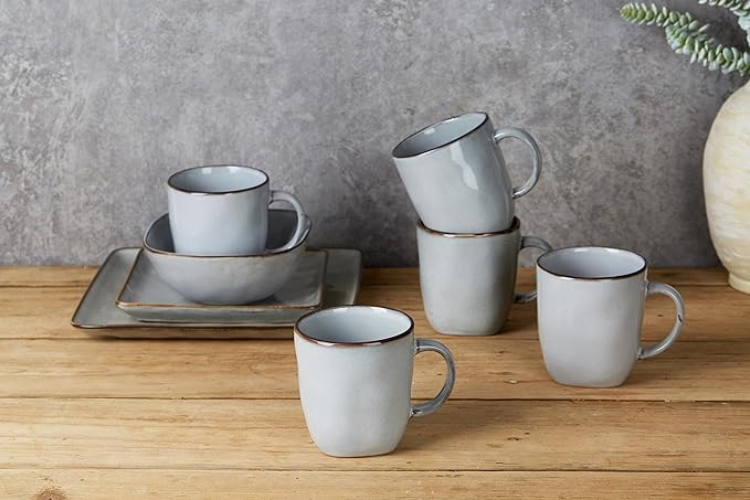 famiware Coffee Mugs Set of 4, Ocean Square 13oz Coffee Cup Set with Handle for Cocoa, Milk, Hot Chocolate, Tea, Water, Stoneware Cups for Kitchen, Microwave and Dishwasher Safe, Grey-Ruum Studio Home
