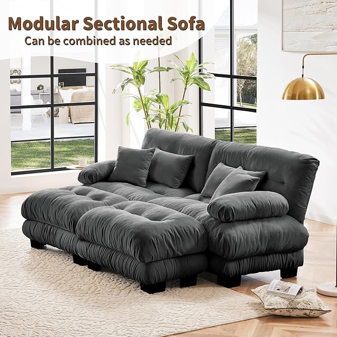 Loveseat Modular Sectional Sofa, U Shaped Couch with Ottoman, Cloud Couch Sectional Couch Home Sofa Living Room Oversized Couch Deep Seat Couch with Round Bolster Armrests 4 Pillows(Gray)-Ruum Studio Home