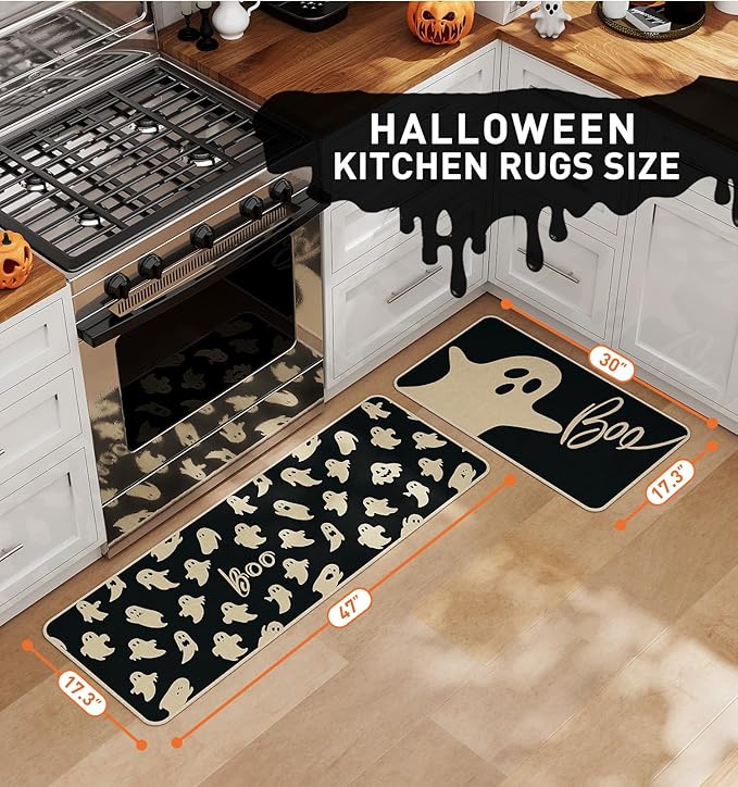 Halloween Kitchen Mat Set of 2, Ghosts Boo Halloween Kitchen Decor, Halloween Rug for Floor, Indoor Spooky Home Decor with Non-Slip Backing,17 x 29 Inch & 17 x 47 Inch-Ruum Studio Home