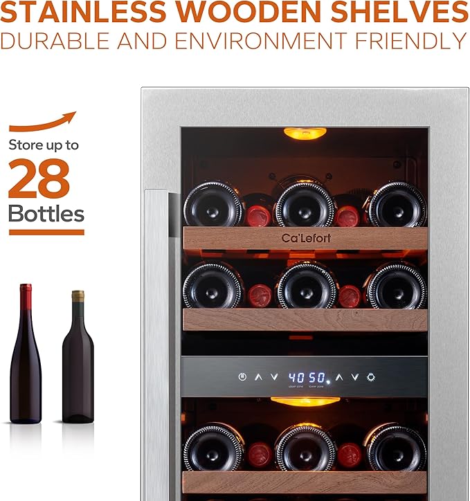 Ca'Lefort 15 Inch Wine Fridge, 28 Bottle Wine Cooler Refrigerator, 40-65°F Wine Refrigerator Glass Door, 3 LED Dual Zone Wine Fridge, Built-in or Freestanding Fridge for Home/Bar/Kitchen (3.0 cu.ft)-Ruum Studio Home