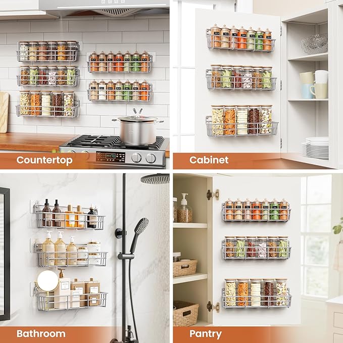 5 Pack Spice Rack Seasoning Organizer Wall Mount, Screw or Adhesive Hanging Shelf Basket Spice Organizer Shelf for Kitchen, Silver-Ruum Studio Home