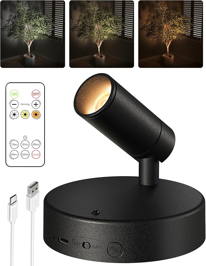 EZVALO Wireless LED Spotlights Indoor, 5500mAh Rechargeable Battery Powered Plants Spotlights Indoor, Dimmable & Timer, 3 CCT Small Up Lights with Remote, Accent Uplighting for Artwork,Tree(Black)-Ruum Studio Home