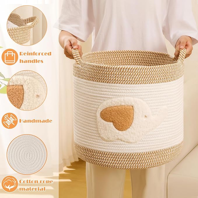 Large Blanket Baskets for Living Room Decor, Toy Storage Baskets Woven Cotton Rope Storage Basket for Kids, Dog Toys Organizer Clothes Hamper with Embroidery Decor for NurseryLaundry (Large, Elephant)-Ruum Studio Home