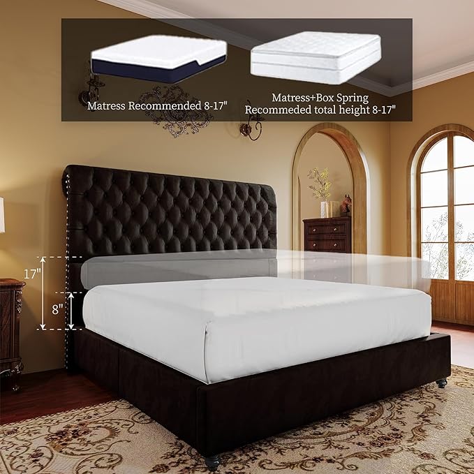 PaPaJet Bed Frame Queen Size Upholstered Platform Bed with 52.8'' Tall Sleigh Headboard, Button Tufted, No Box Spring Needed, Easy Assembly, Black-Ruum Studio Home