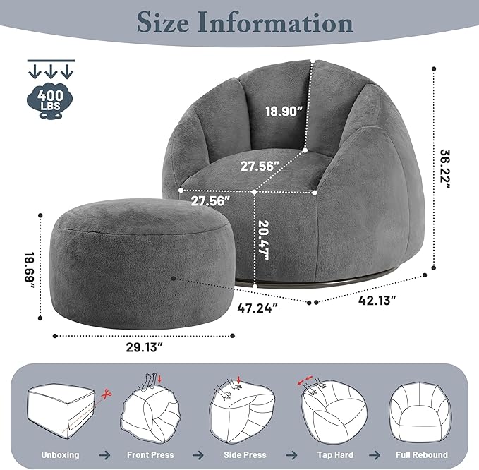 Giant Bean Bag Swivel Chair for Adults - Comfy Plush Round Shell Soft Accent Chaise Lounge Indoor Reading Chair, Oversized Cozy Floor Sofa for Living Room, Bedroom & Game Rooms, Dorm, Gray-Ruum Studio Home