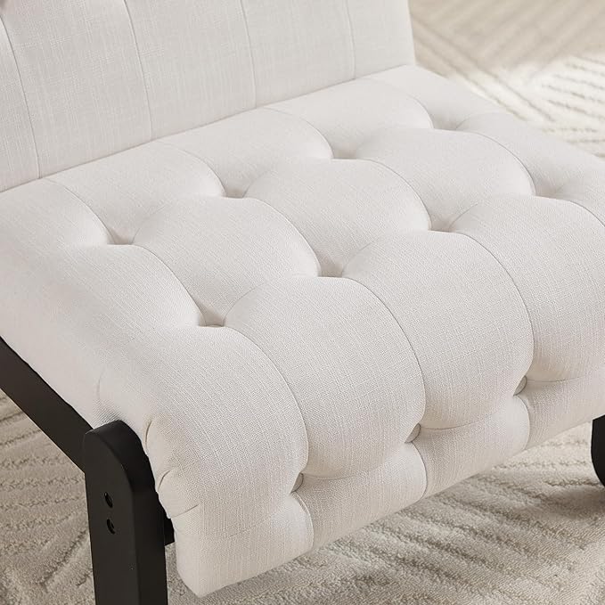 Modern Armless Accent Chair for Living Room, Beige Chenille Button Tufted Upholstered Lounge Reading Chair with Black Wood Frame-Ruum Studio Home