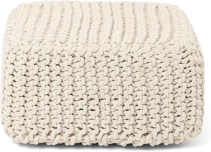 REDEARTH · Cube Low Pouf Foot Stool Ottoman - Hand Knitted Poof - Cord Boho Pouffe - Home Décor - Stuffed Footrest for Living Room - Nursery - Bedroom - Covered Patio - Room (16" x 16" x 8") - Ivory-Ruum Studio Home