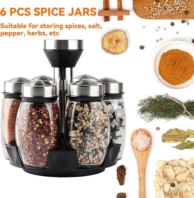 Mlici 6PC Spinning Glass Spice Jars - 360° Rotating Spice Rack Organizer with Jars, Stainless Steel Revolving Seasoning Holder Jars for Countertop Cabinet Kitchen Spices Cruets-Ruum Studio Home