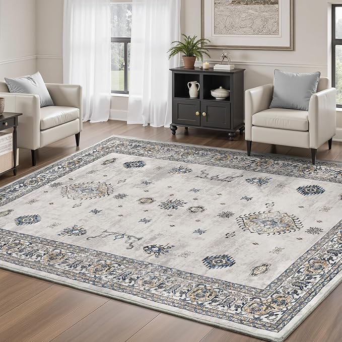 AMOAMI-Vintage Area Rug 4x6 Grey Rugs for Living Room-Soft Living Room Rug Non Slip Rugs for Bedroom Carpet Machine Washable Rug for Dining Room Bedside Office Room Decor-Ruum Studio Home