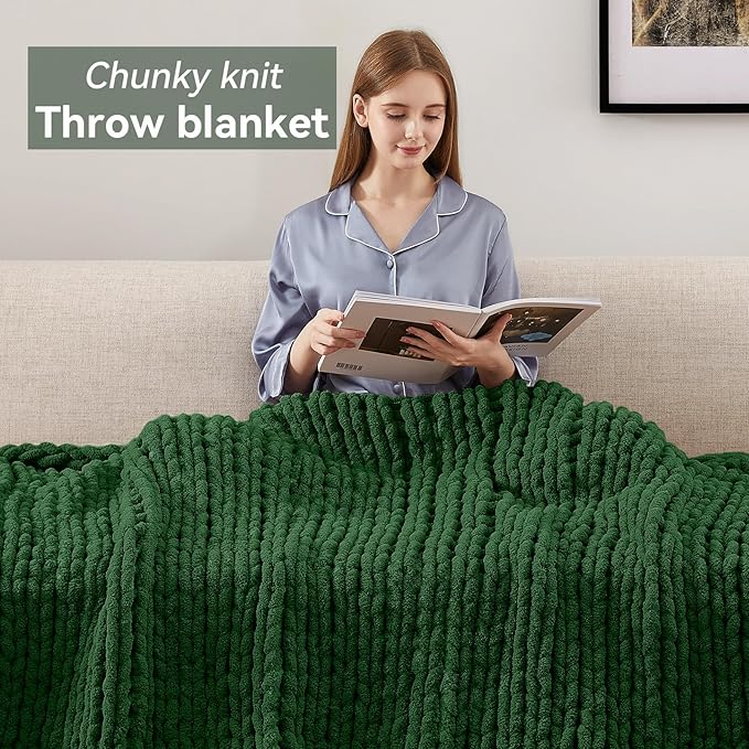 Chunky Knit Throw Blanket, 60''*80'' Knitted Throw Chenille Yarn for Bed Couch, Handmade Grass Green Crochet Big Thick Blanket, Machine Washable Cute Comfy Blanket for Home Decor-Ruum Studio Home