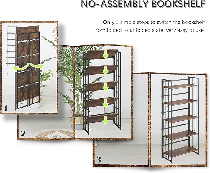 4NM No Assembly 5 Tiers Folding Bookshelf, 59.4" H Foldable Storage Shelves Vintage Bookcase Standing Racks Study Organizer Home Office - Rustic Brown Black-Ruum Studio Home