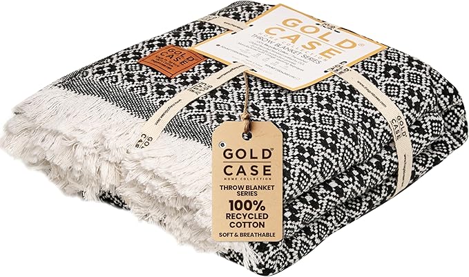 Gold Case Throw Blanket for Couch - 100% Recycled Turkish Cotton Blankets & Throws - Retro Soft Throw Blankets for Living Room Sofa - Boho Decorative Woven Throws for Couch - 60x80 - Black-Ruum Studio Home